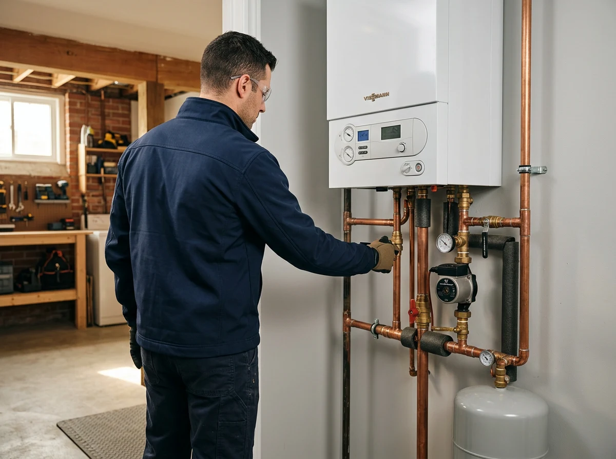 Heating equipment and a technician inspecting pipework